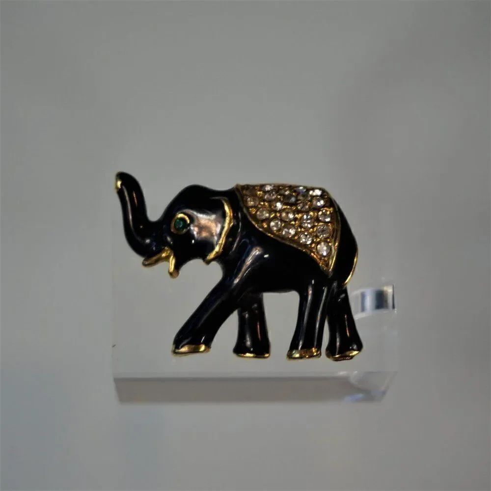 Vintage Black Elephant Brooch Signed ROMAN Enamel And Rhinestones